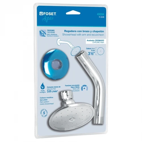 Regadera redonda 3-1/2', brazo y chapetón en blíster, Aqua 49284 R-504B Foset