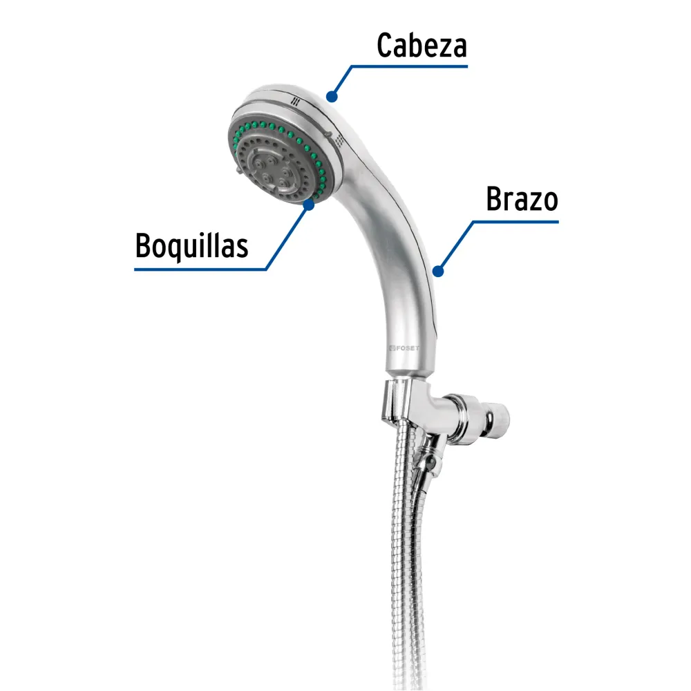 Regadera de teléfono 3', 5 funciones con soporte, Foset Aqua 49432