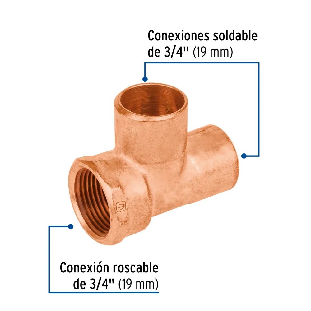 Tee de cobre rosca interior lateral 3/4", Foset