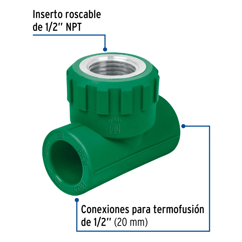 Tee hembra de PPR 1/2" con inserto metálico, Foset