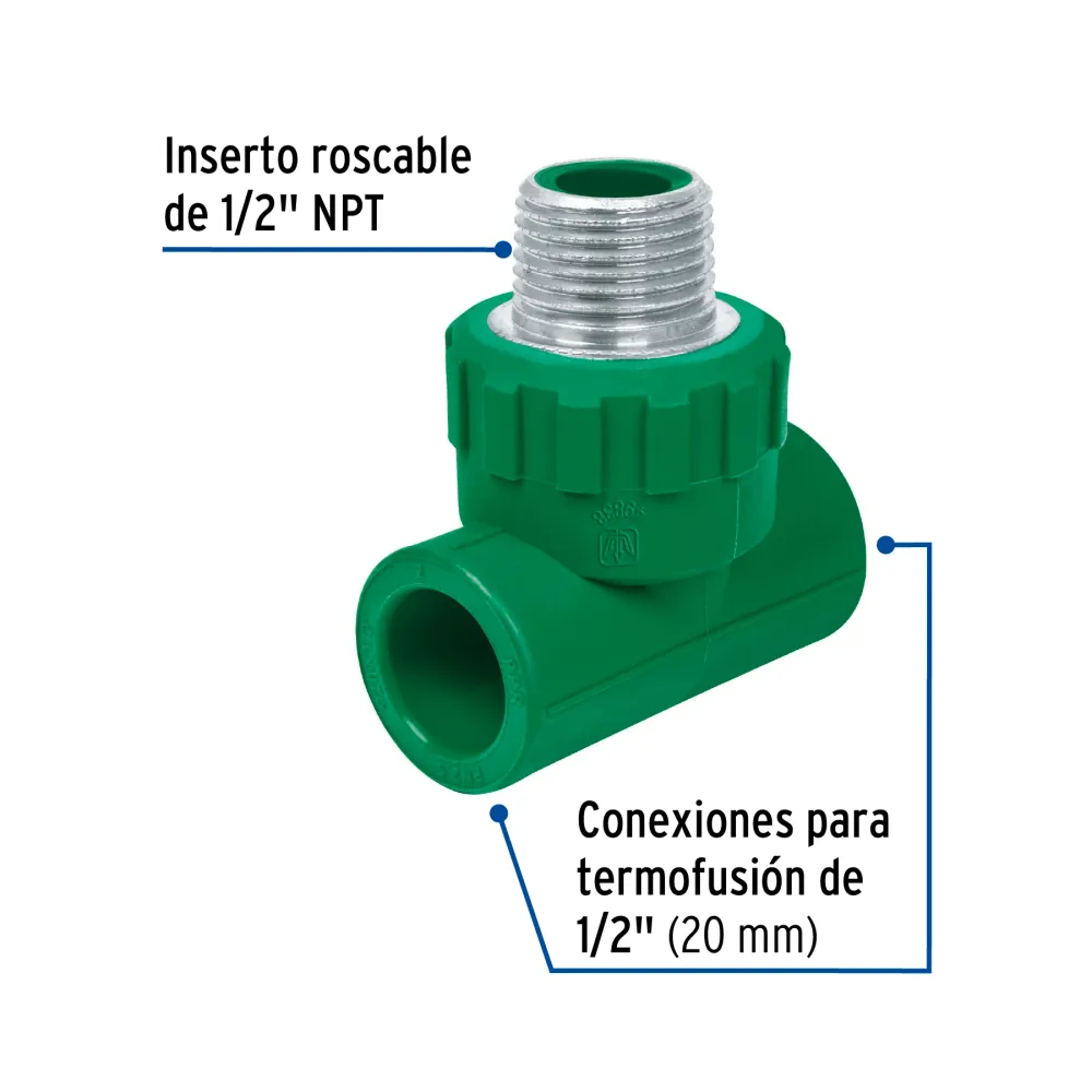 Tee macho de PPR 1/2" con inserto metálico, Foset