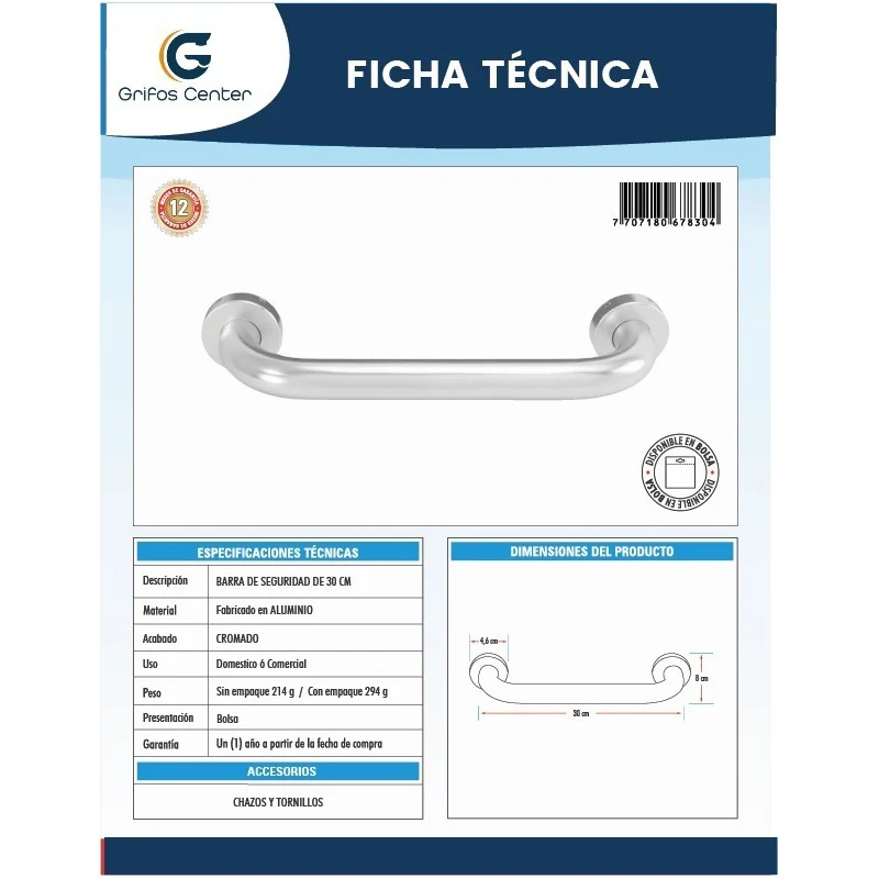 Barra De Seguridad De 30cm En Aluminio Grifos Center