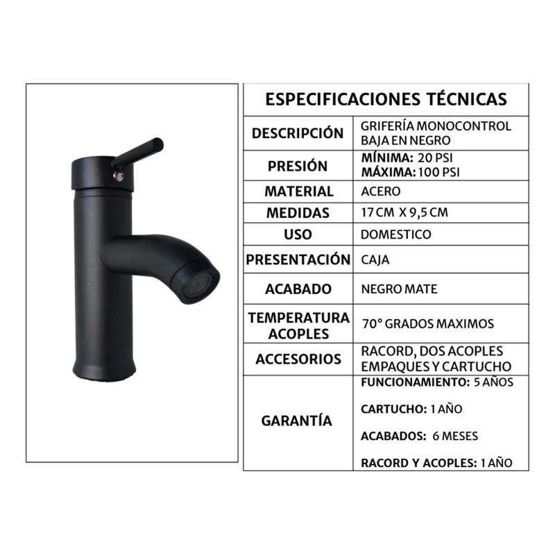 Combo Placa Lavamanos 71*46,5cm+grif.monocontrol+push Negro5 Grifos Center