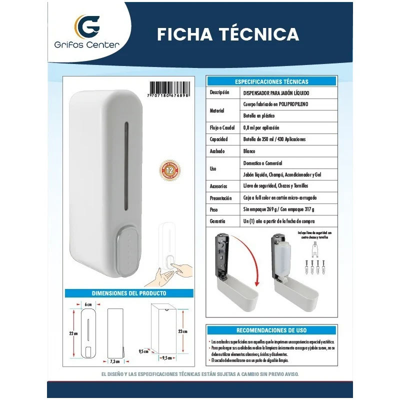 Dispensador De Jabon Liquido Blanco Grifos Center