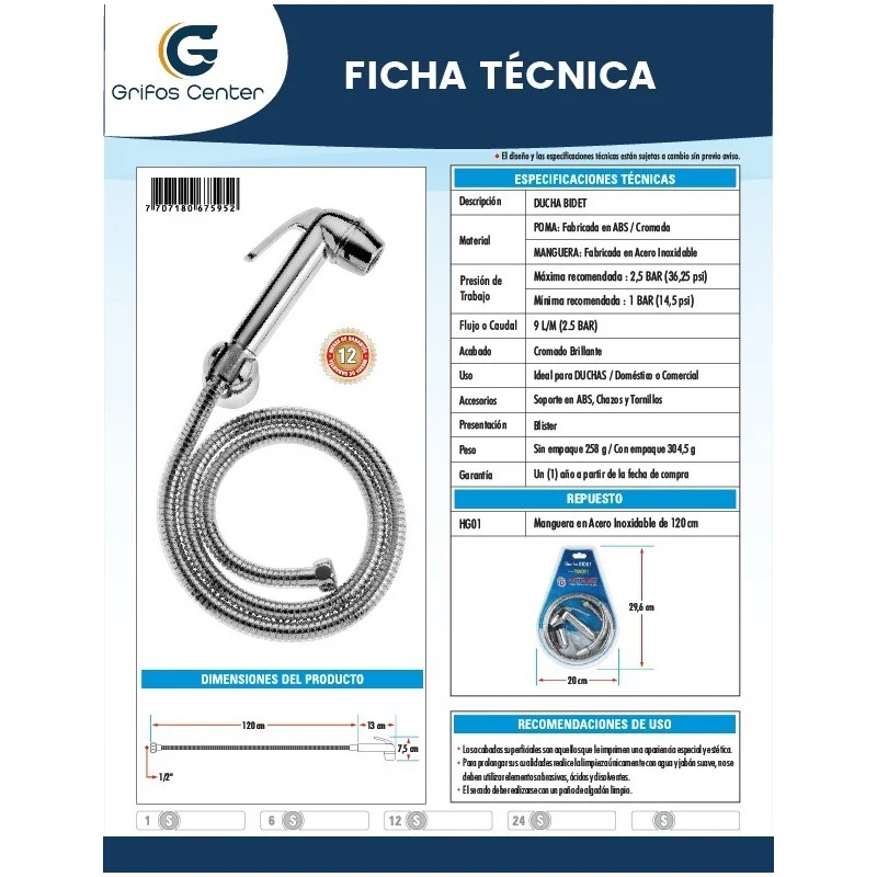 Ducha Bidet Abs Cromada Con Manguera Grifos Center