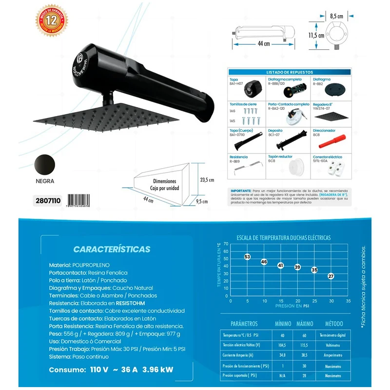 Ducha Horizontal Lusso Negra 110v Negro Grifos Center