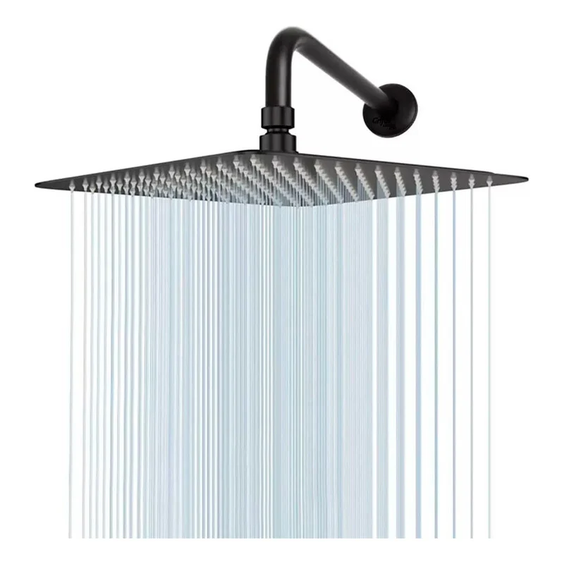 Ducha Regadera Acero Inox. Cuadrada 30cm Negro Mate + Tubo Grifos Center
