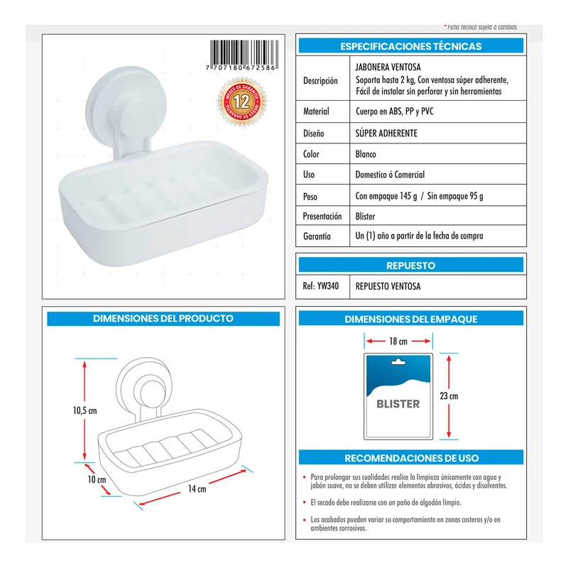 Jabonera Para Baño Con Ventosa Blanco Grifos Center