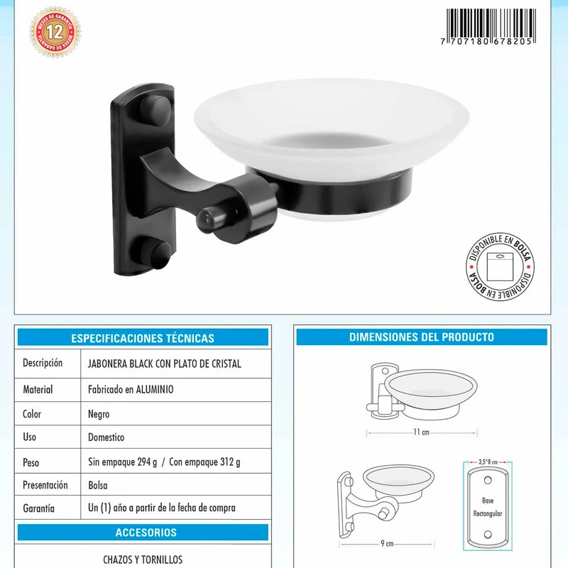 Jabonera Rectangular En Aluminio Con Plato En Cristal Grifos Center