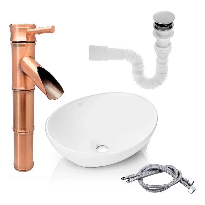 Kit Lavamanos+ Grifo Monocontrol Bambu Cobre Antiguo+push Grifos Center