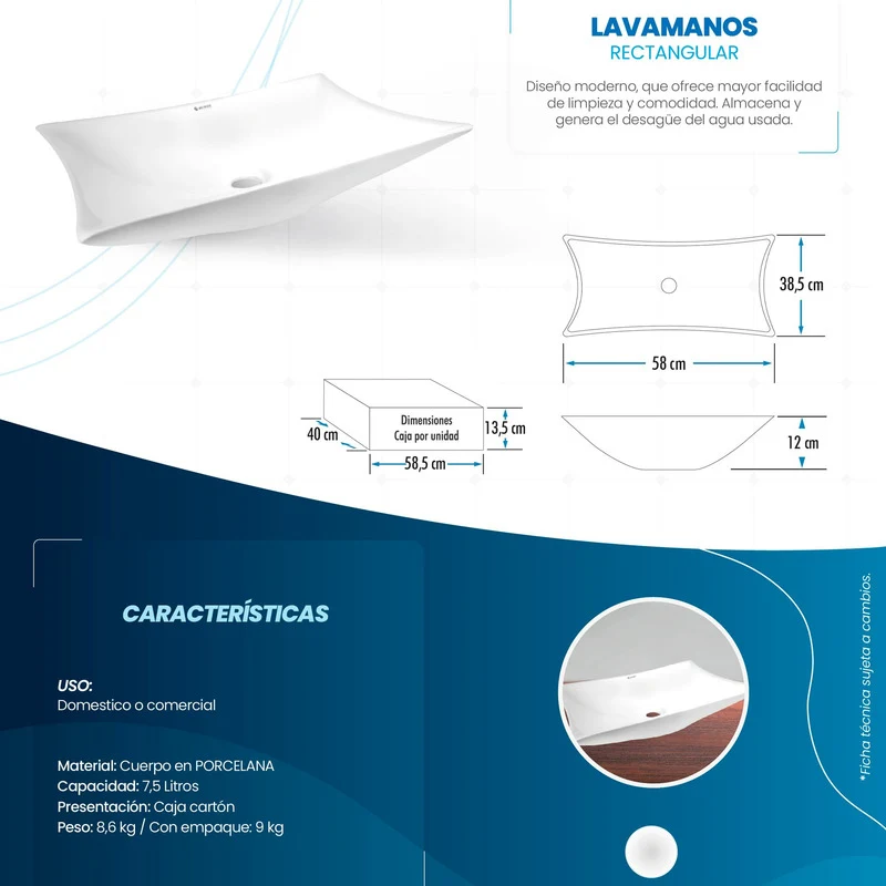 Lavamanos Rectangular Blanco 59x39,5x10,5cm Grifos Center