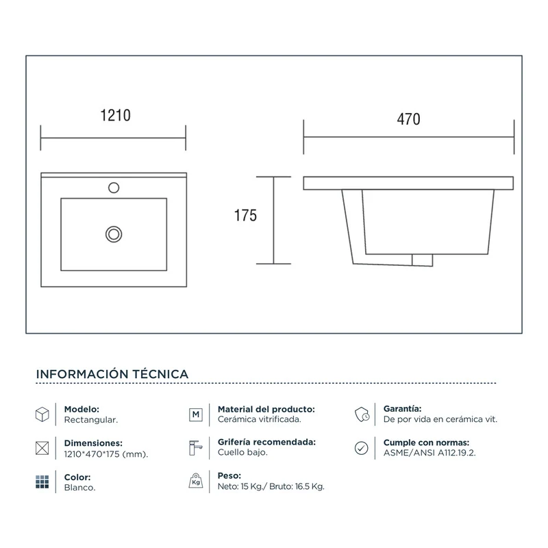 Lavamanos Rectangular Integrado Porcelana Blanco 1210*47cm Grifos Center