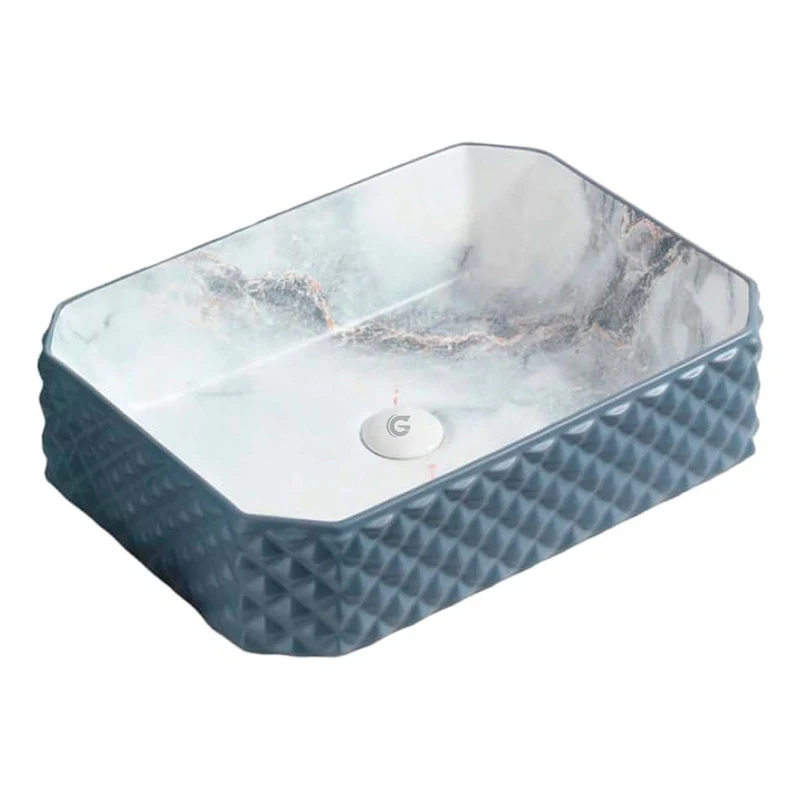 Lavamanos Rectangular De Sobreponer Azul/calacata Grifos Center