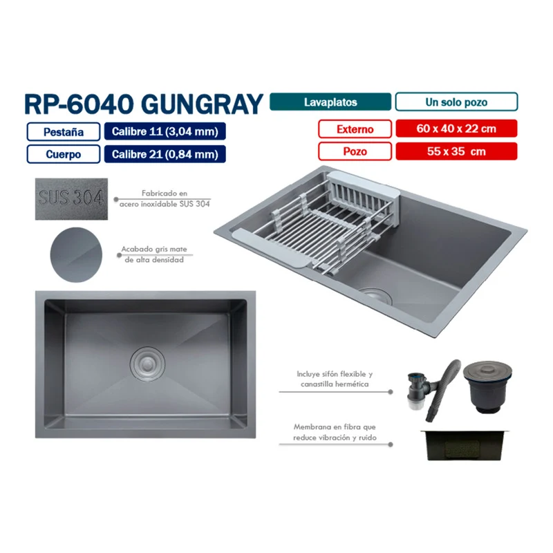Lavaplatos Gris Mate 60*40*22cm + Accesorios Grifos Center