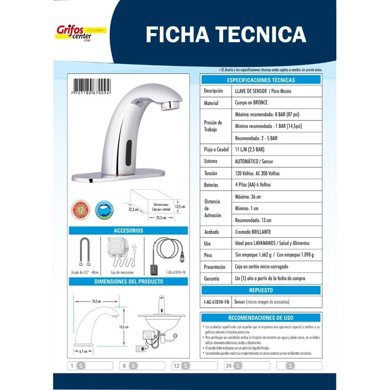 Llave Lavamanos De Sensor Electrónico Grifos Center