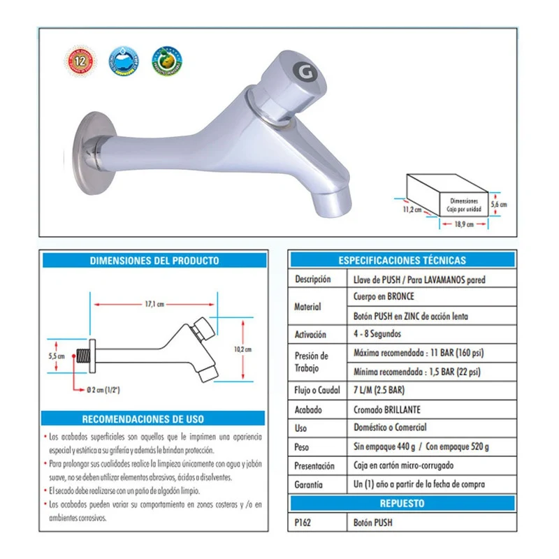 Llave De Push Institucional Material Bronce Grifos Center