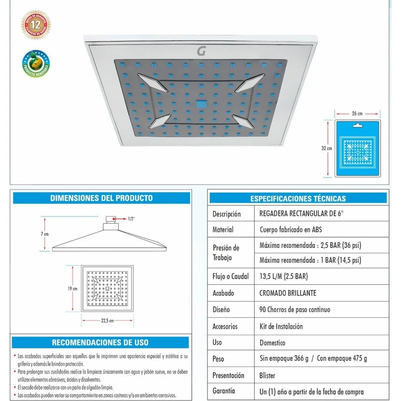 Regadera Rectangular En Abs Cromada De 6 Pulgadas Grifos Center