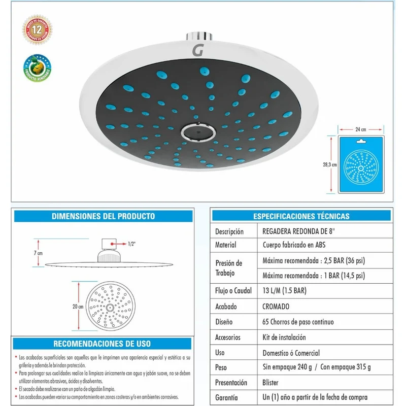Regadera Redonda En Abs Cromada De 8 Pulgadas Grifos Center