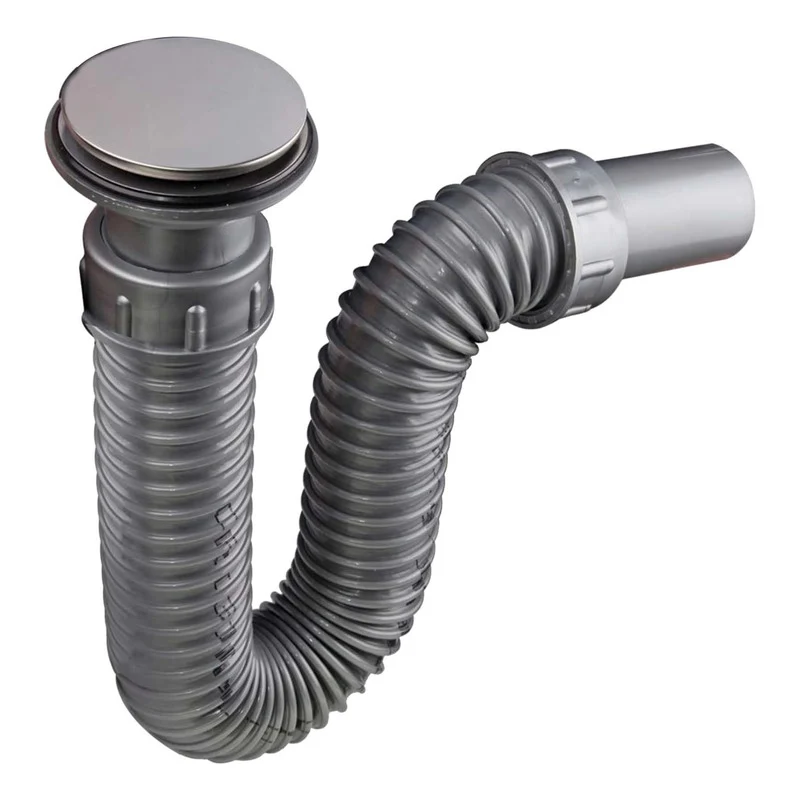 Sifón Lavamanos Flexible Gris Con Push Cromado Grifos Center