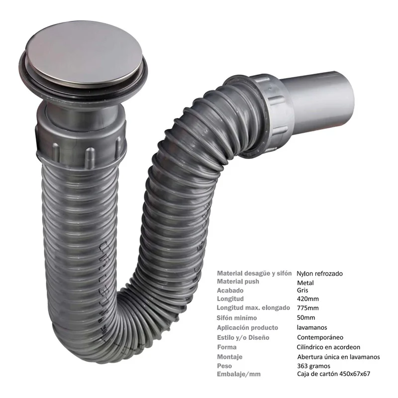 Sifón Lavamanos Flexible Gris Con Push Cromado Grifos Center