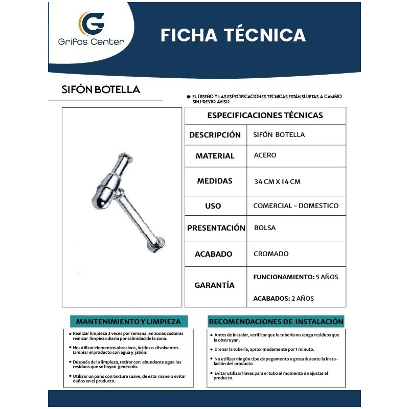Sifón Para Desagüe De Lavamanos Tipo Botella Cromado Grifos Center