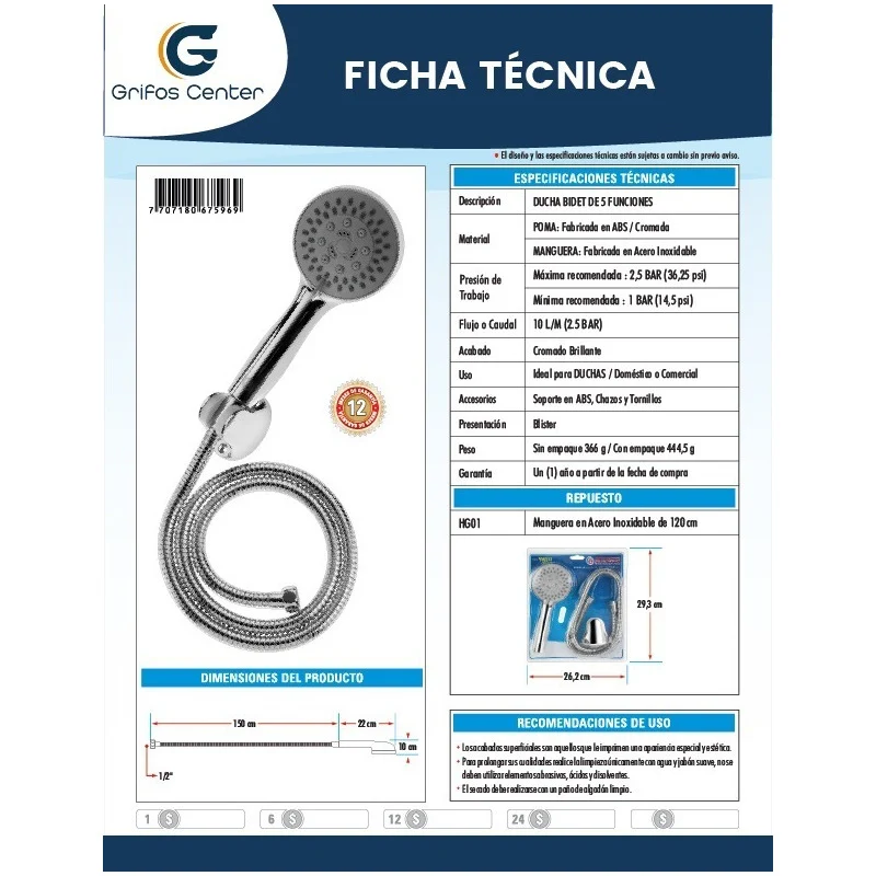 Teleducha En Abs Cromada 5 Funciones Con Manguera Grifos Center