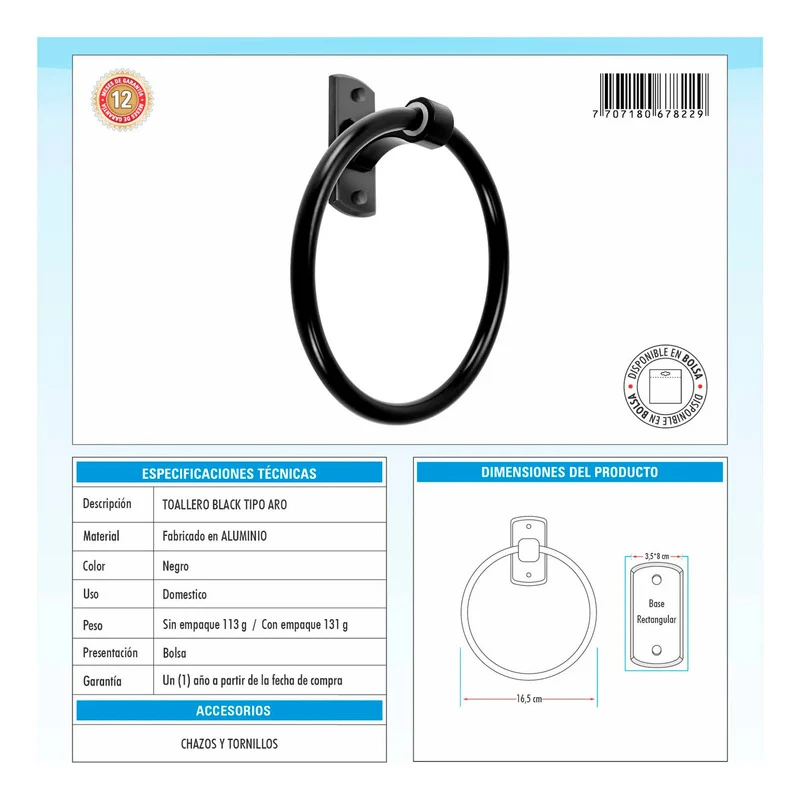 Toallero Tipo Aro Negro Base Rectangular Grifos Center