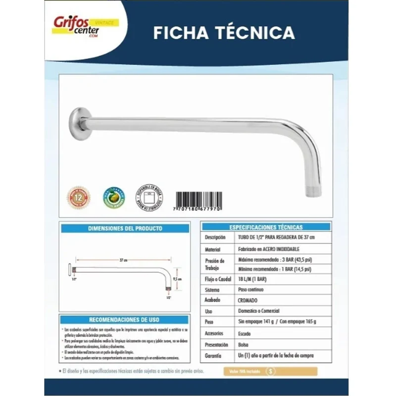 Tubo De 1/2 Para Regadera Grifos Center