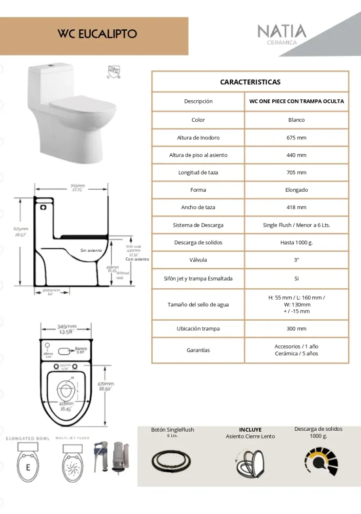 INODORO CON ASIENTO MOD. EUCALIPTO DUAL FLUSH BLANCO NATIA Home Design México