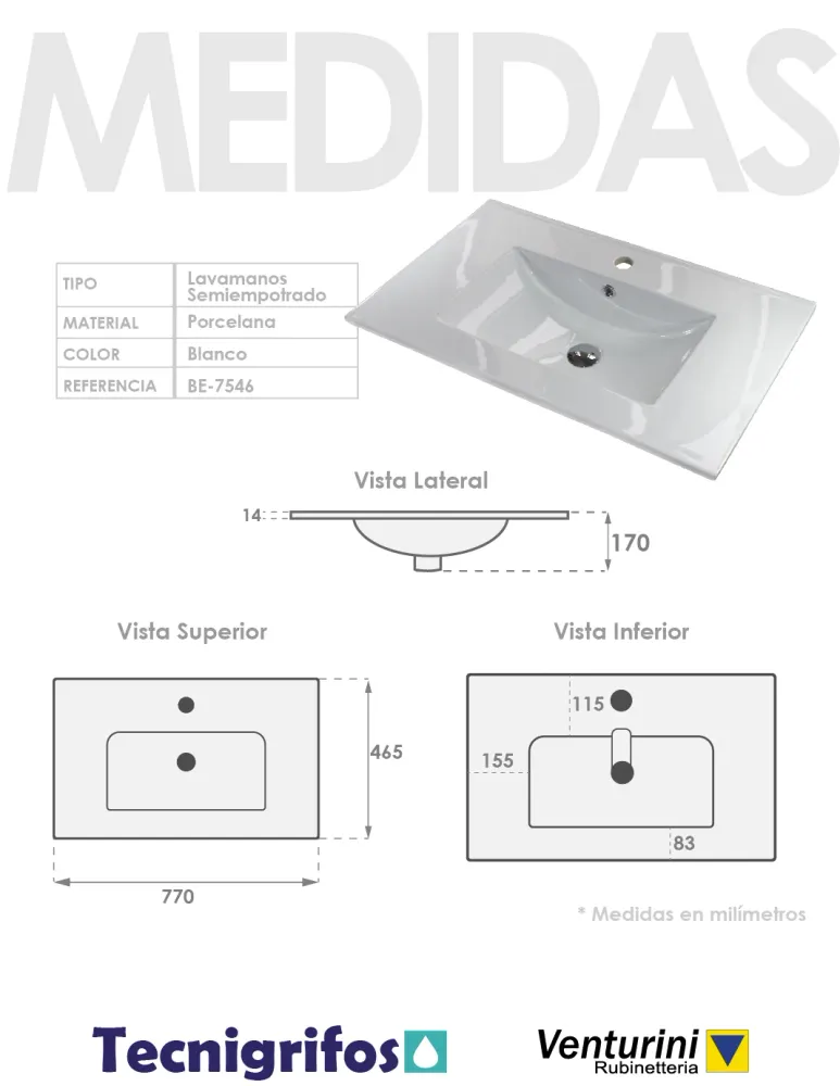 Lavamanos semi empotrado rectangular grande