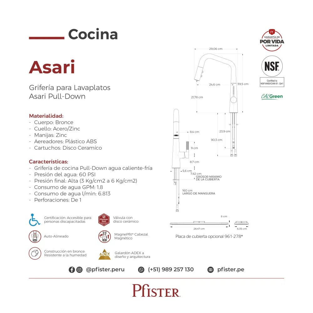 Griferí de Cocina Asari con Cabezal Extraíble en Negro Mate Pfister Perú