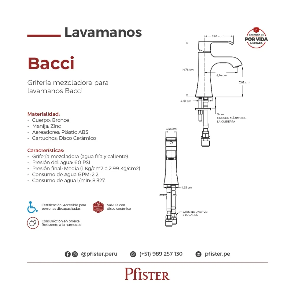 Griferí Mezcladora para Lavamanos Bacci Cromo Pulido Pfister Perú
