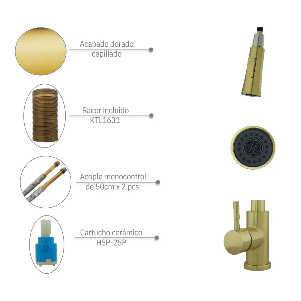 Griferías Monocontrol Extraíbles Pull Out Lima Brushed Gold SMART