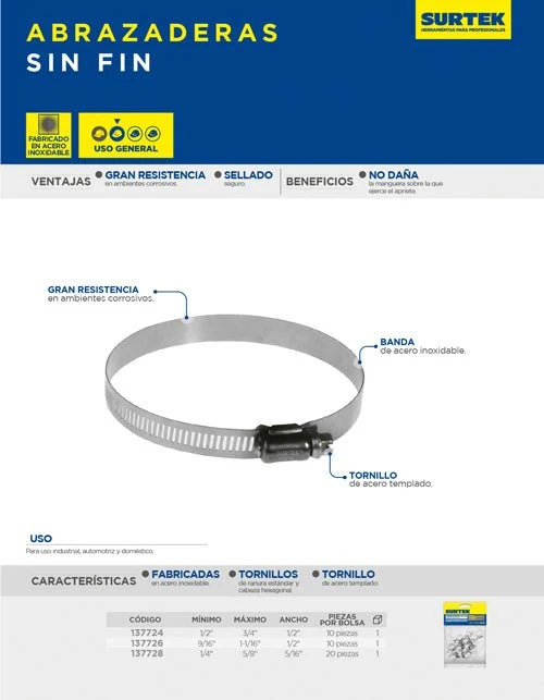 Abrazadera mini sin fin de acero inoxidable de 1/4" 5/8" Surtek