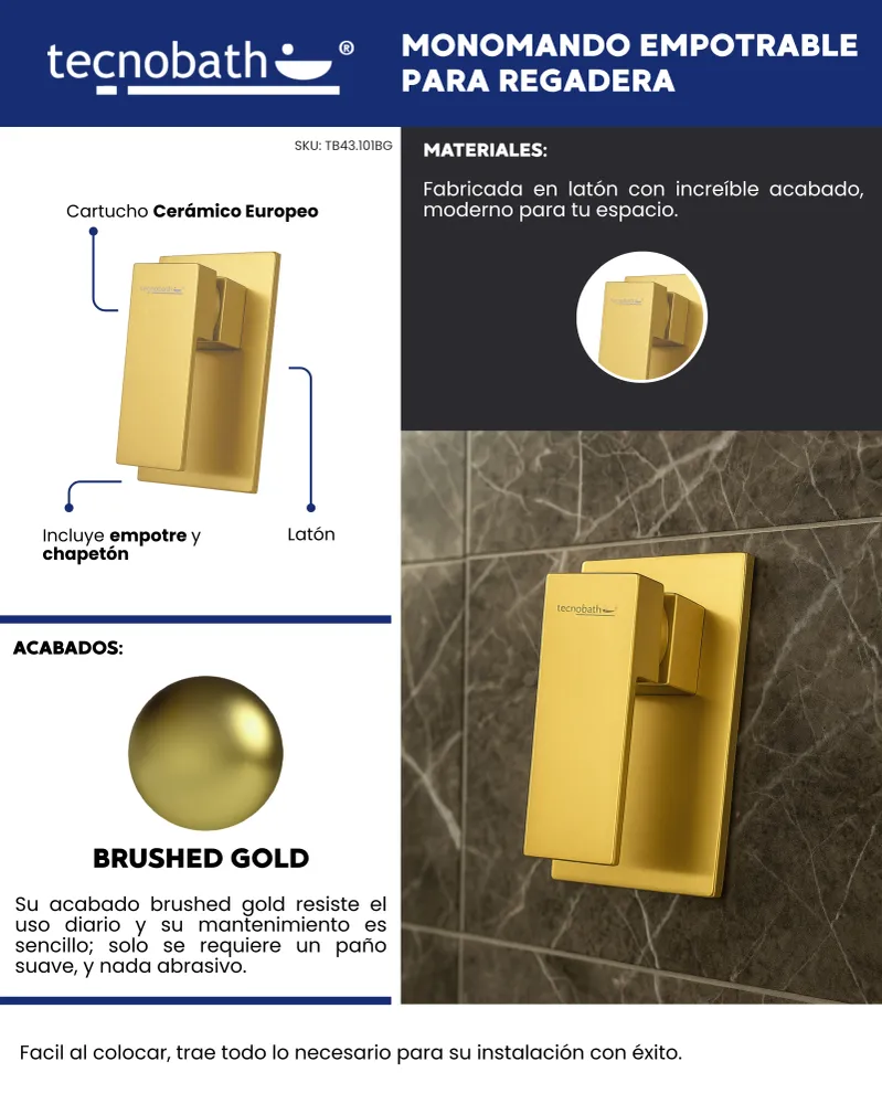 Monomando Empotrable para Regadera "Row" Brushed Gold Tecnobath