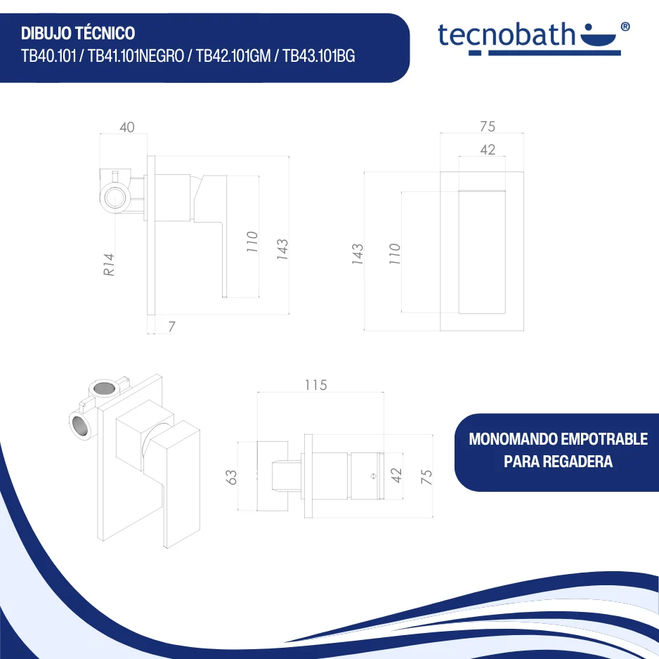 Monomando Empotrable para Regadera "Row" Cromo Tecnobath
