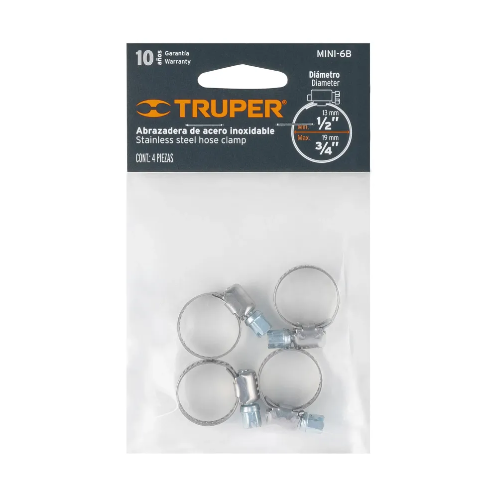 Bolsa c/4 mini abrazaderas sin fin # 6, 1/2 - 3/4", truper MINI-6B