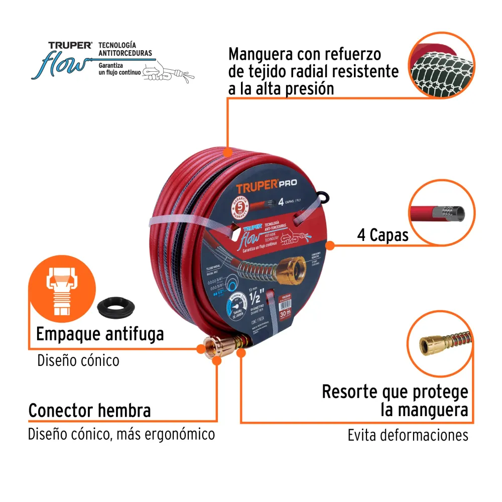 Manguera 1/2' super reforzada 4 capas 30 m conexiones metal Código: 102528 Truper