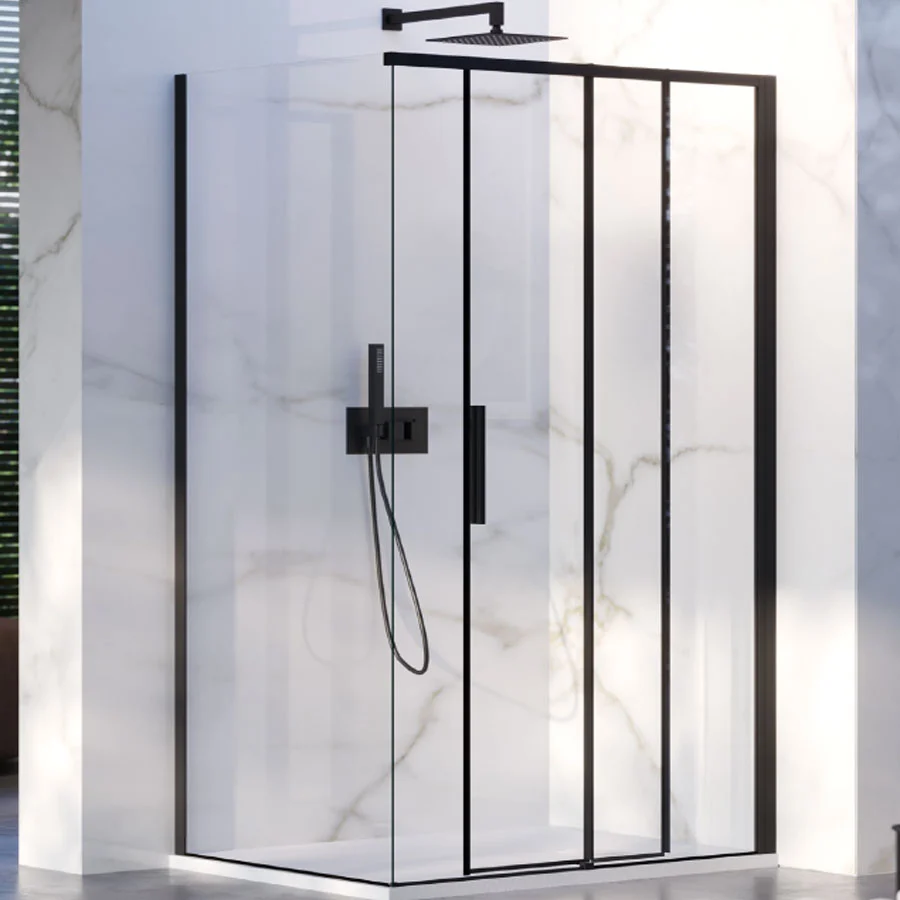 Box Doccia ad angolo 70x120 con lato fisso e porta scorrevole cristallo 6 mm e profilo nero Versione Destra