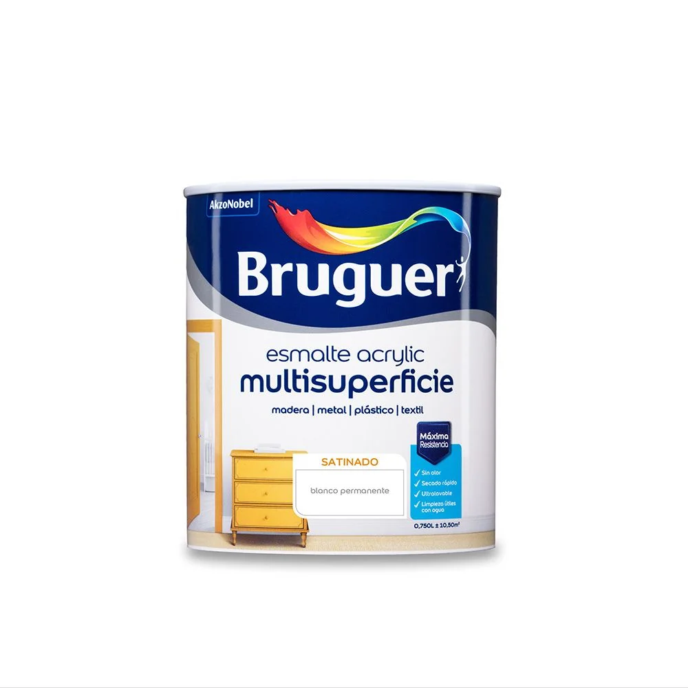 ESMALTE ACRILICO MULTISUPERFICIE BLANCO PERMANENTE SATINADO 750 ml BRUGUER