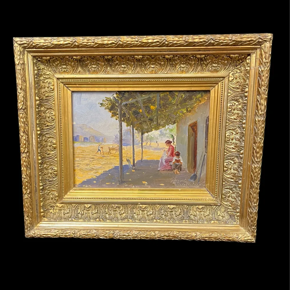 Benito Rebolledo - Óleo sobre cartón ‘Tarde bajo la sombra’ Bucarest Art & Antiques