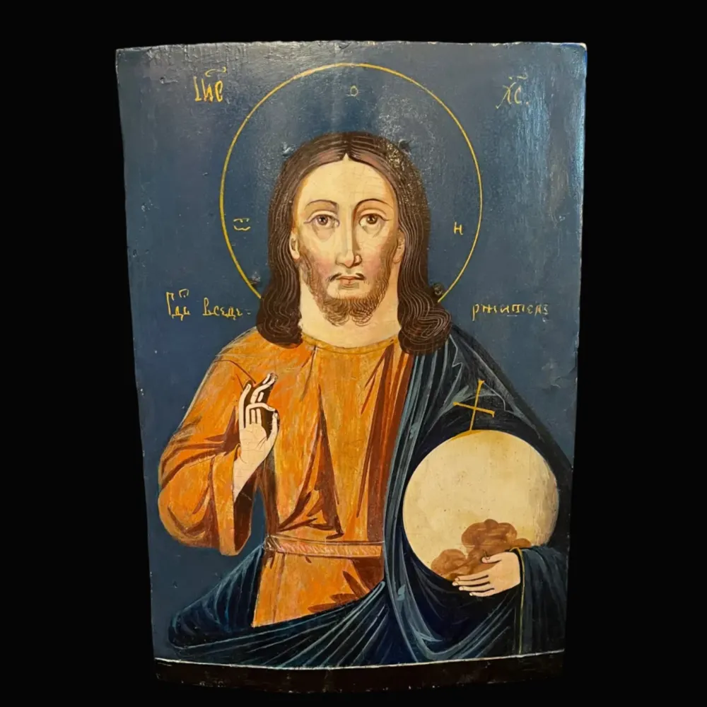 Ícono ruso pintado en madera 'Cristo Pantocrátor' comienzos s.XX Bucarest Art & Antiques