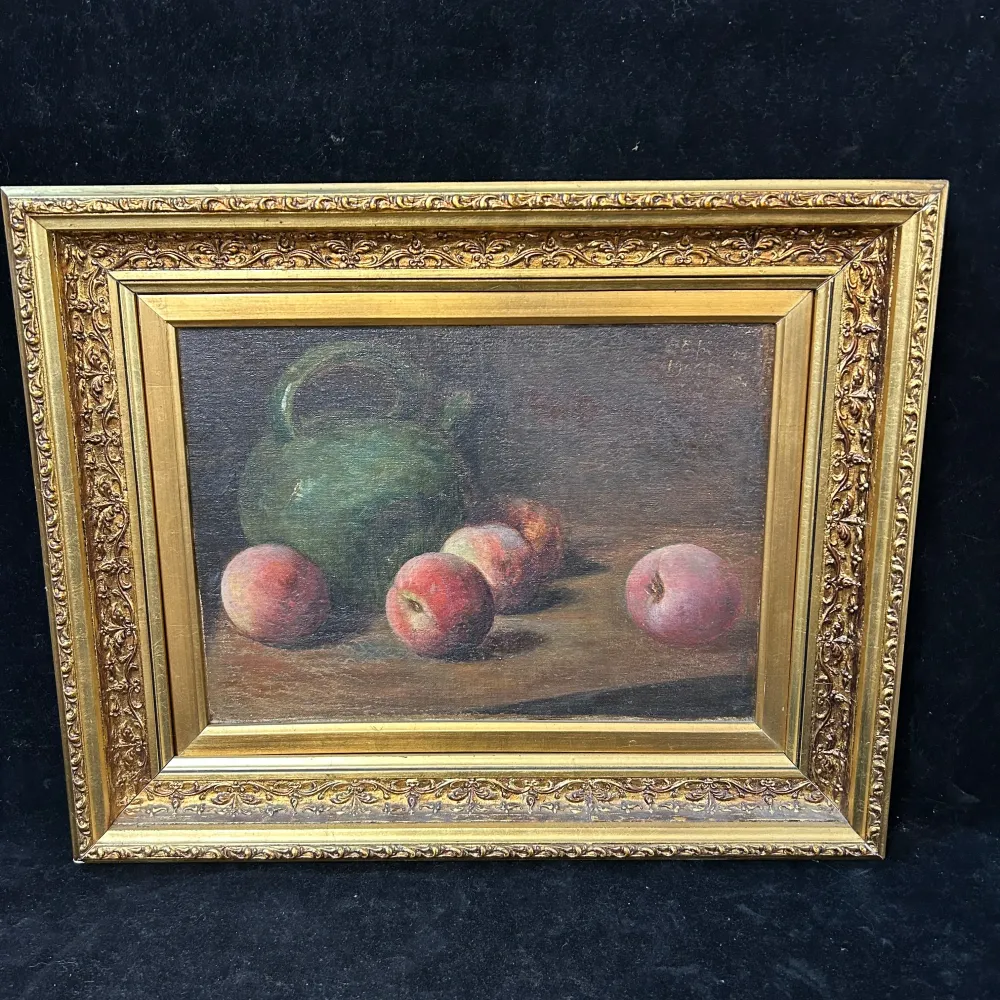 Eucarpio Espinosa - Óleo sobre tela bodegón ‘Duraznos y tetera’ Bucarest Art & Antiques