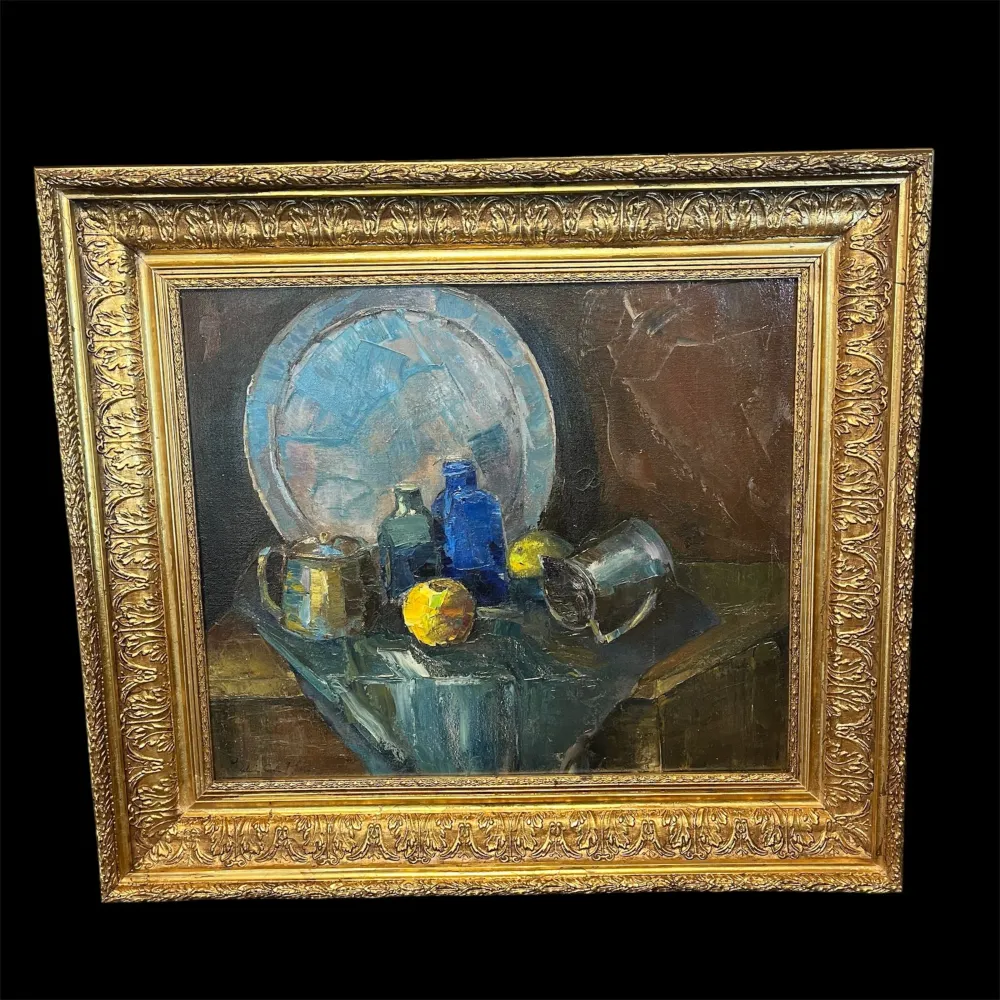 Firma Ilegible - Óleo sobre tela ‘Bodegón limones y plaqué’ Bucarest Art & Antiques