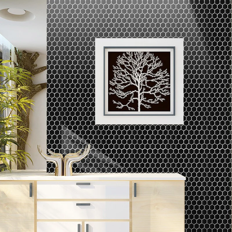 Azulejo hexagonal para pelar y pegar, azulejo de plástico resistente las manchas para ducha Negro Clearhalo