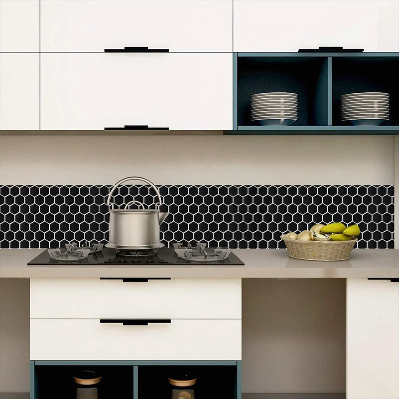 Azulejo hexagonal para pelar y pegar, azulejo de plástico resistente las manchas para ducha Negro Clearhalo