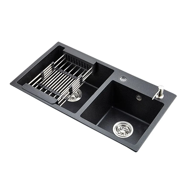 Fregadero de cocina moderno de cuarzo con doble lavabo y orificio de desbordamiento en negro Clearhalo