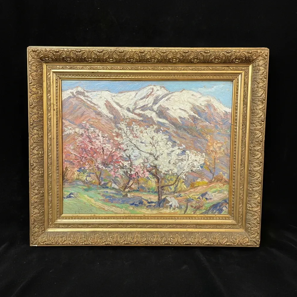 Luis Strozzi - Óleo sobre madera 'Paisaje de cordillera y ciruelos' Colección Exclusiva