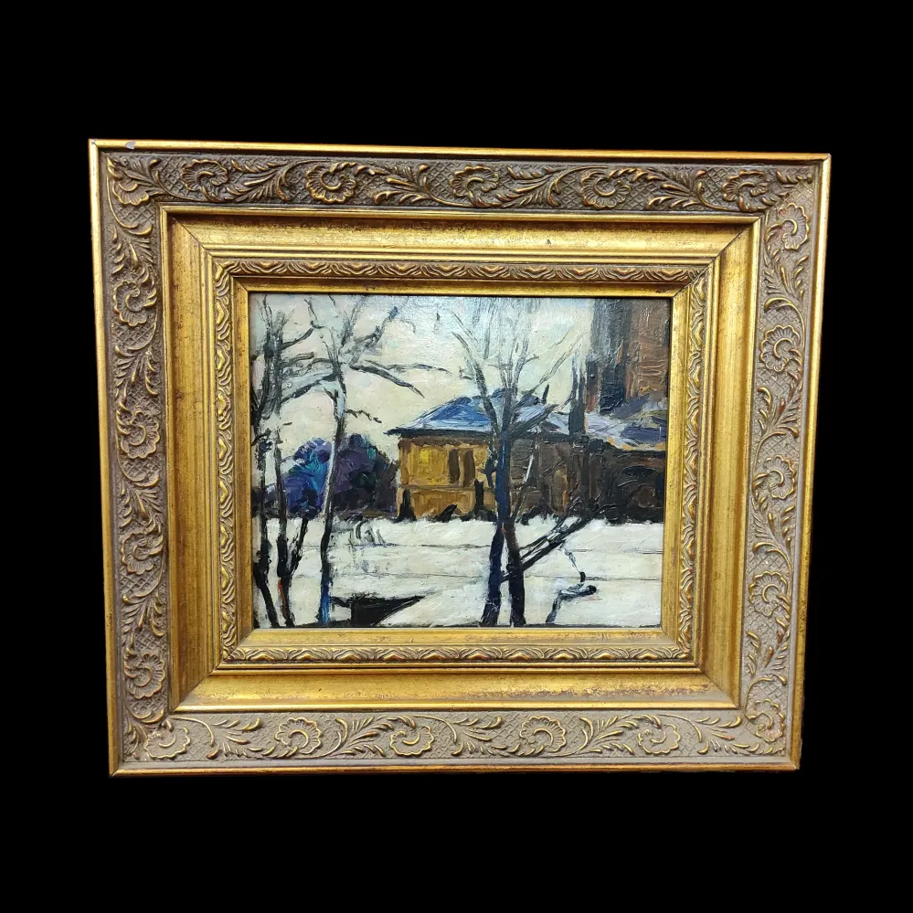 ónimo - Óleo sobre madera 'Casa en la nieve' Consignación
