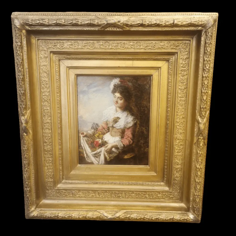 Eduardo León Garrido - Óleo sobre tela 'Mujer recolectando flores' Consignación